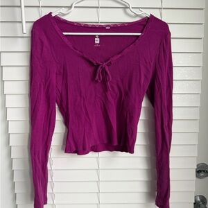 Me to We Deep Magenta Tie & Lace Detail Ribbed Long Sleeve Top